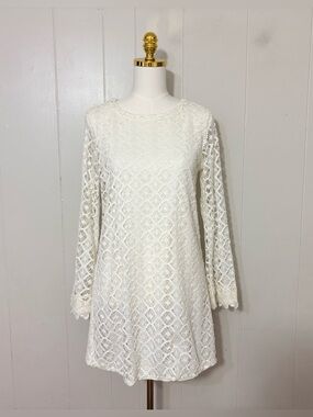 T-Bags Los Angeles Ivory Crochet Lace Long Sleeve Mini Dress Size L